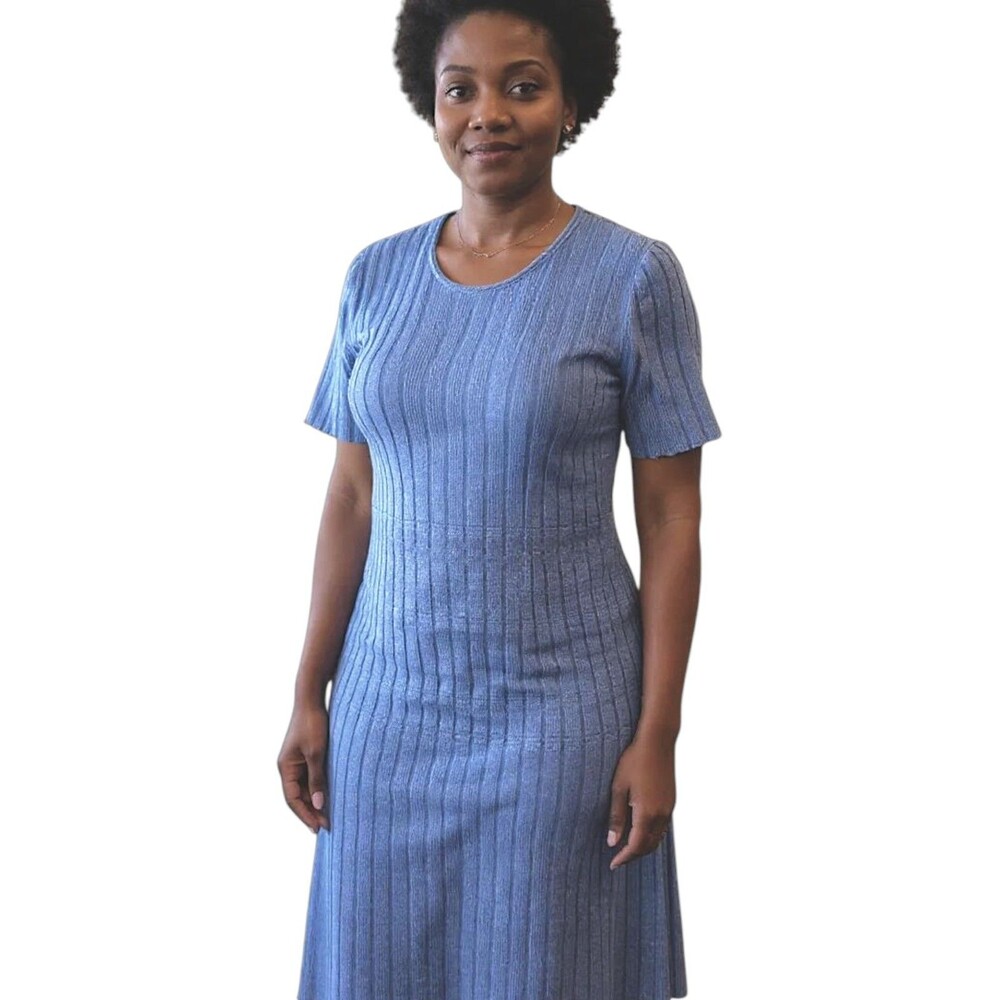 Peruvian Connection Textured Knit Pima Cotton Cap Sleeve Midi Dress Teal Ombre L